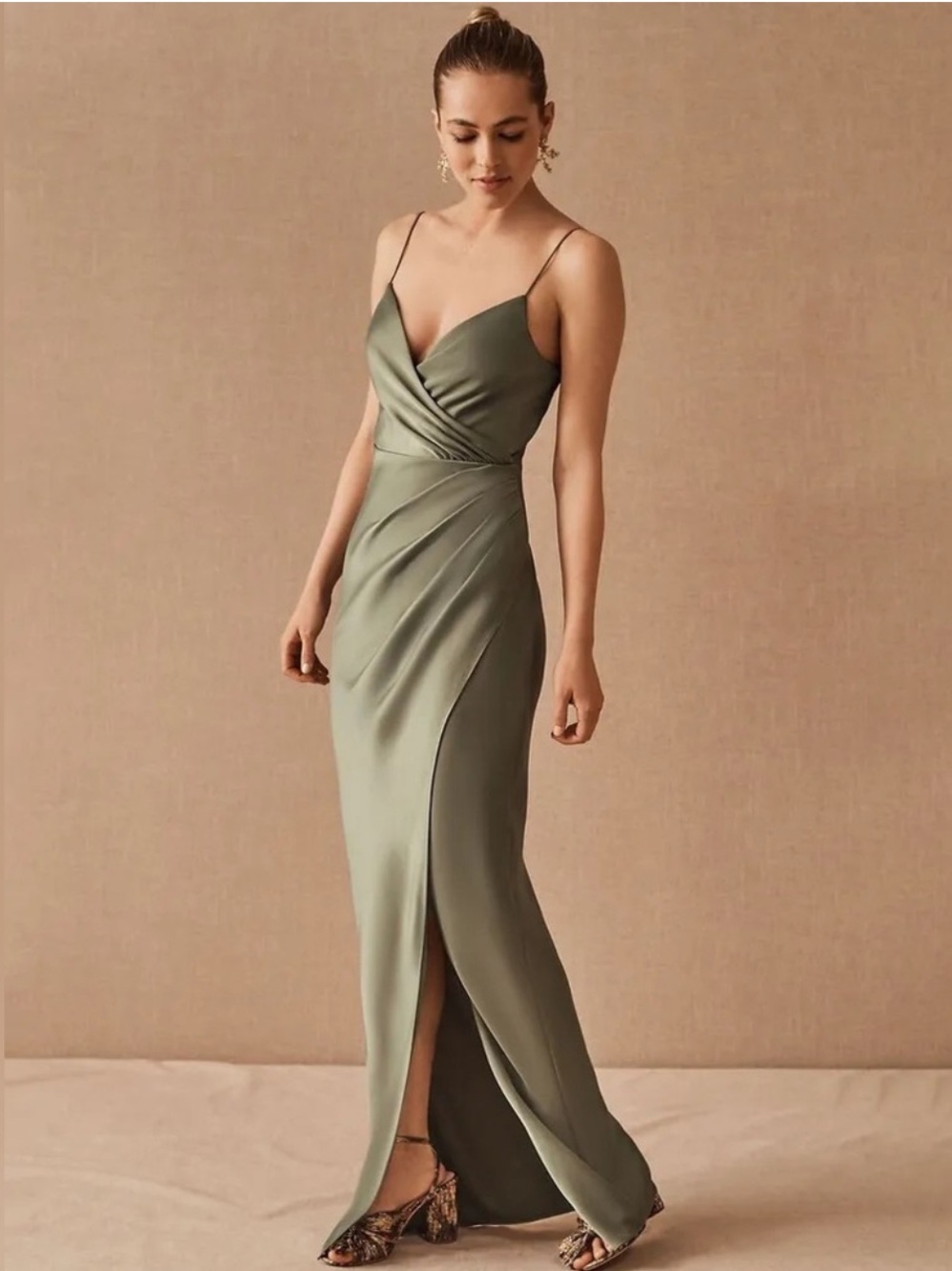 BHLDN Freya Satin Charmeuse Green Maxi Formal Dress, Size 2